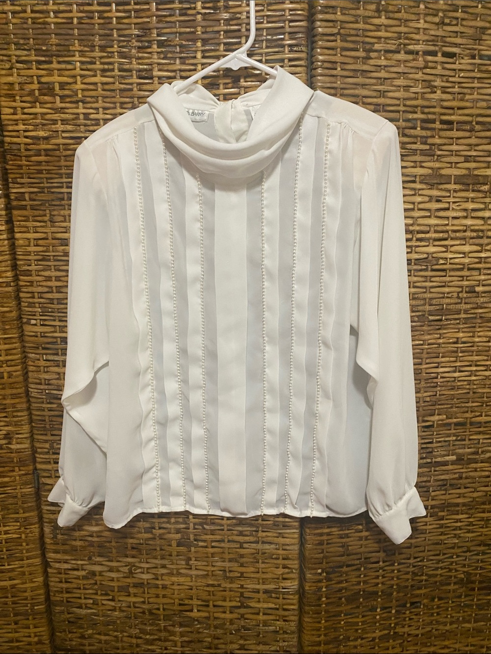 VINTAGE STEVEN BARRY cream, pearl embellished sheer cowl neck blouse, 14